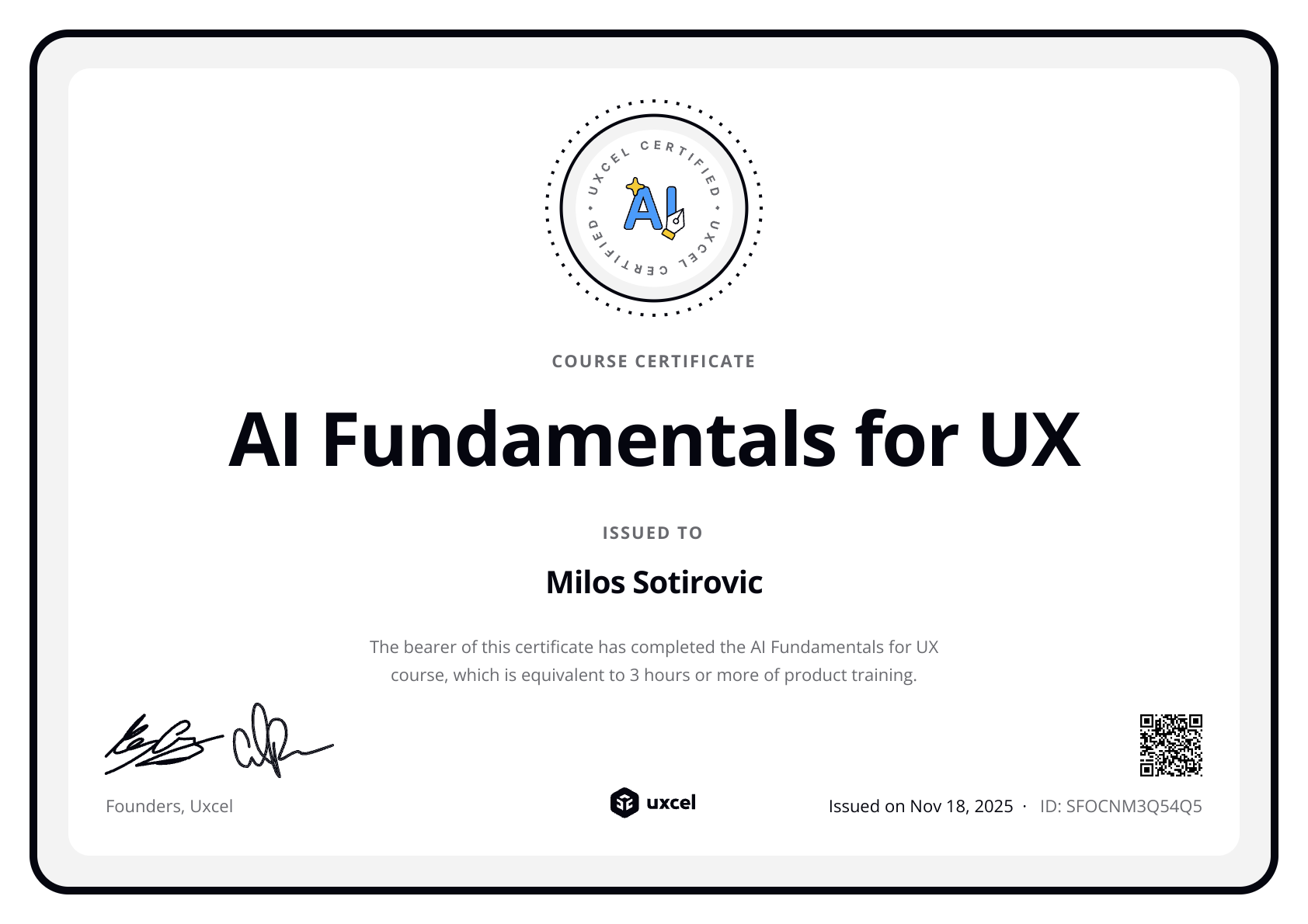 Milos Sotirovic's certificate